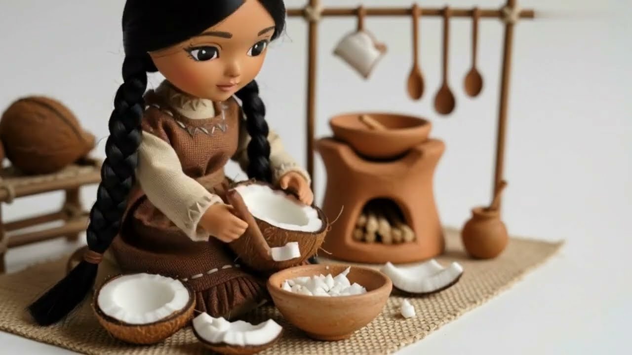 Miniature Doll Cooks Coconut Laddu 🥥🍬 | Tiny Kitchen Indian Village ASMR