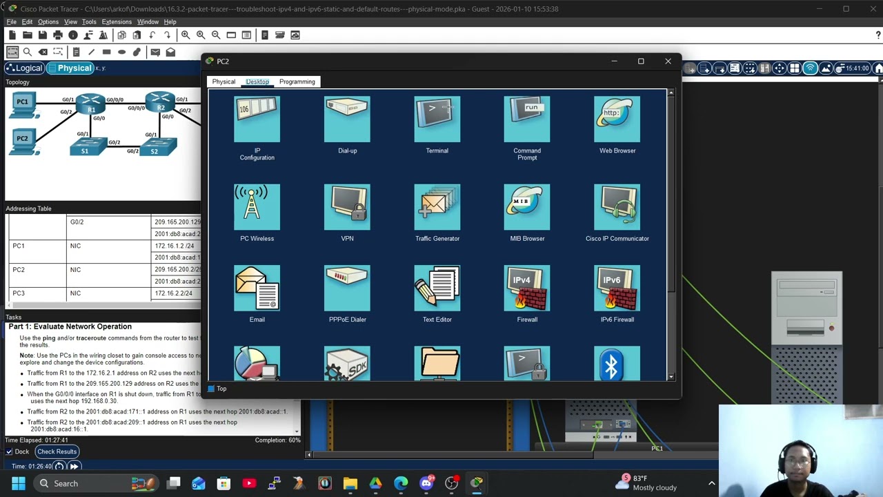 16.3.2 Packet Tracer – Troubleshoot IPv4 and IPv6 Static and Default Routes – Physical