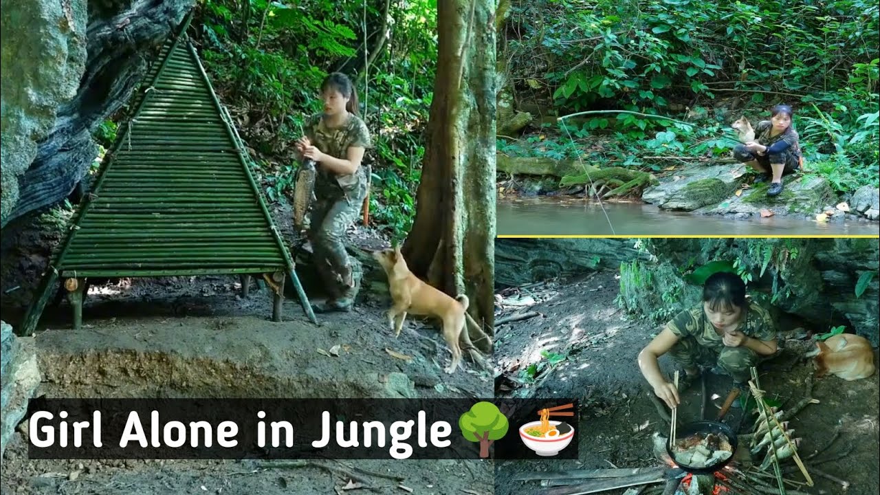 Girl Building a Bamboo House in Forest & Fishing in River & Catch & Cook | Bushcraft Survival Alone 