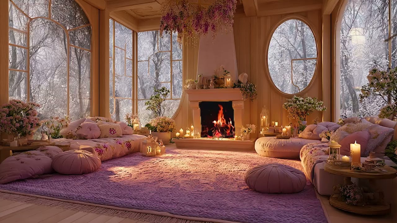 Natural Snow Wind Outside and Fireplace Crackling for Stress Relief and Quiet Relaxation