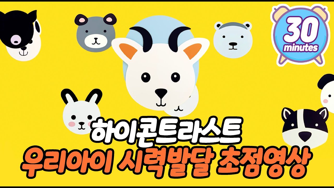 🐶동체시력🐶  (광고없음) 하이콘트라스트 고대비 동물 초점영상 아기자장가 릴렉스음악 동체시력 집중력 수면음악 진정 포커싱비디오 30분 아기재울때 릴렉스뮤직 초점영상