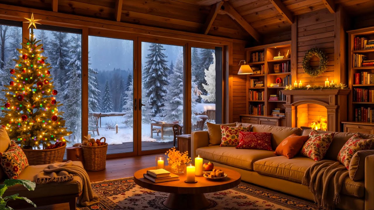 Peaceful Cabin Ambience 🎄 Soft Piano, Snowy Views & Fire Sounds for Holiday Sleep