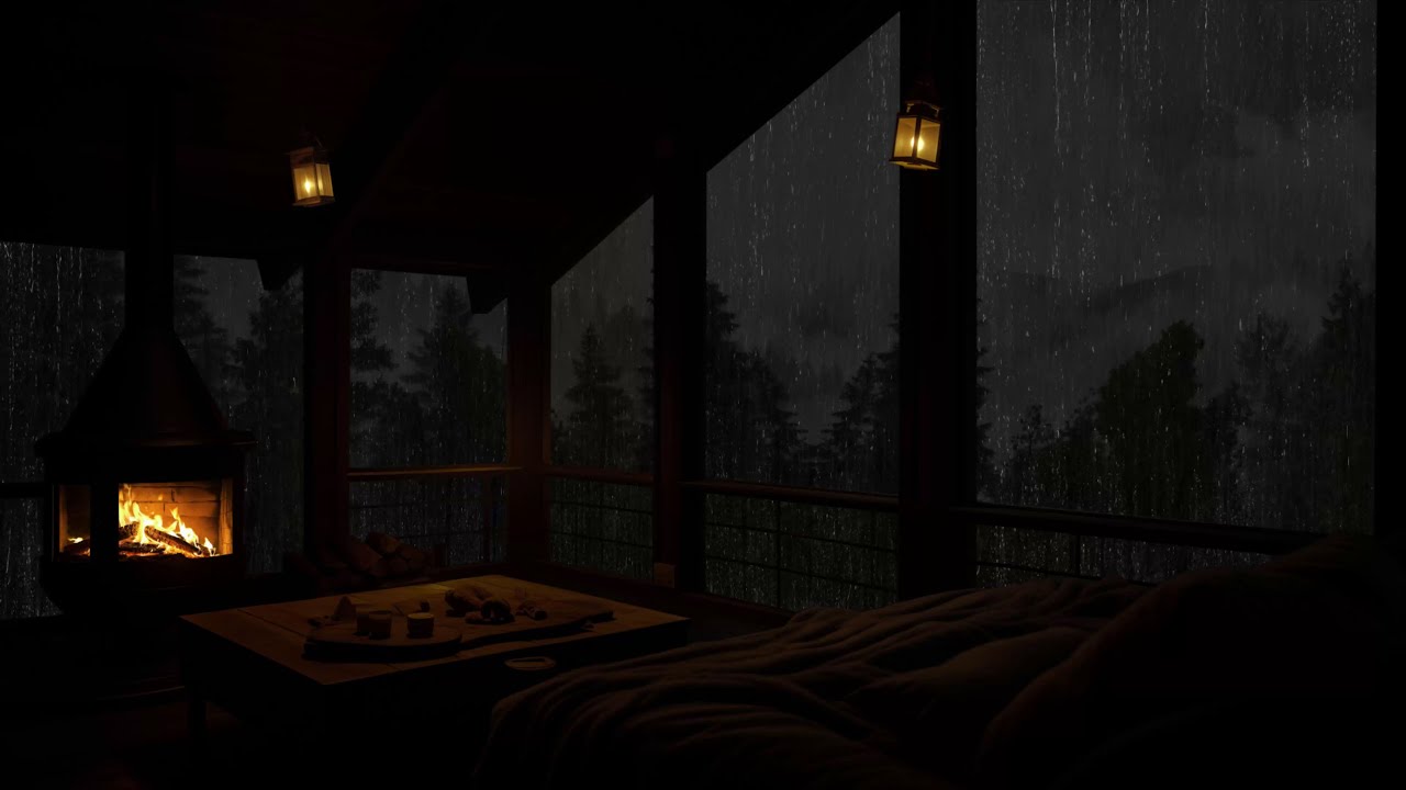 Pioggia dolce nella foresta pluviale in un attico accogliente con caminetto 😴