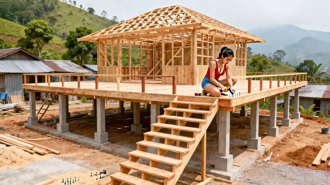 TIMELAPSE - Building Wooden Kitchen Connected Wooden House, Build Log Cabin