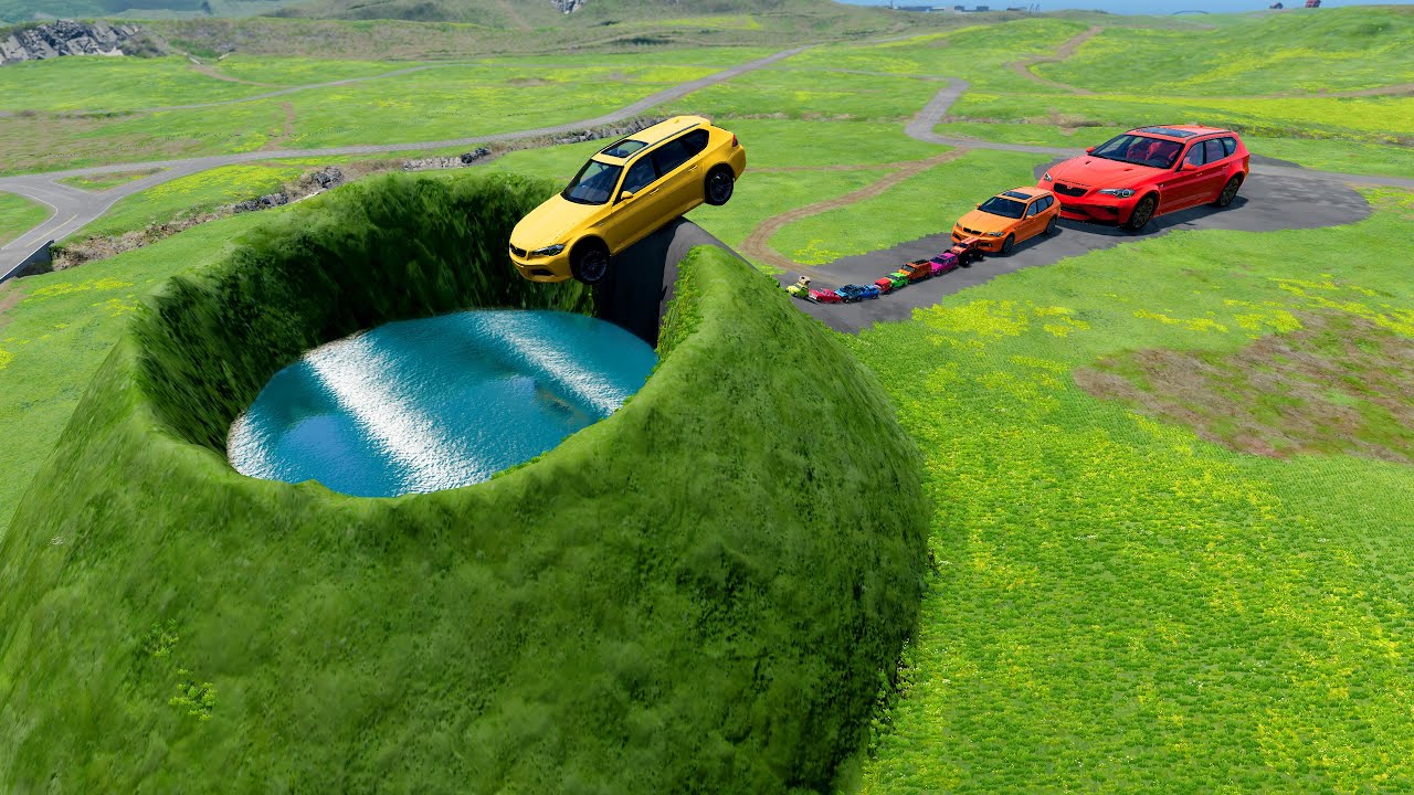 💦 БОЛЬШИЕ И МАЛЕНЬКИЕ МАШИНКИ против ОГРОМНОЙ ЯМЫ С ВОДОЙ 🌋🚗 – BeamNG.drive Эпическое испытание н...