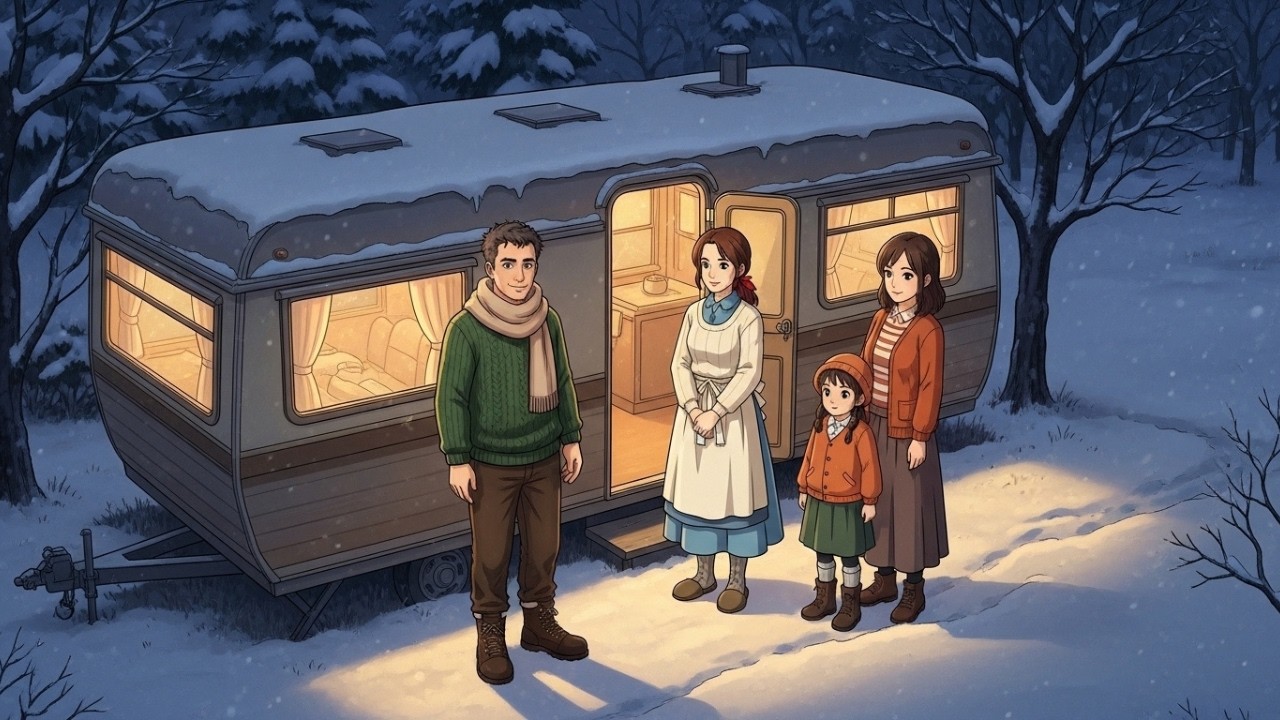 Family Day Camping in a Mobile Home | Thunder & Snow | Ghibli Wonderland