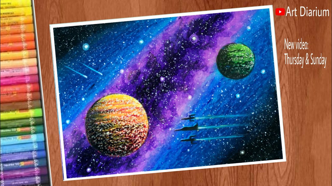 Galaxy drawing with Spaceship / Oil Pastel painting for beginners - step by step / 