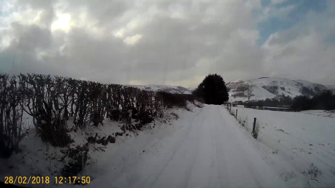 Snow on the hill road from Llanerfyl A458 to Talerddig A470 February 2018 HD dash cam video