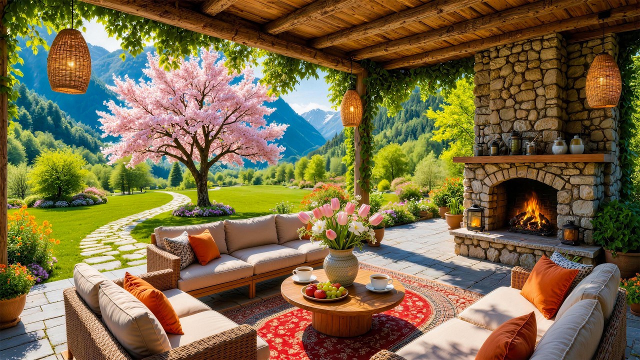 Уютная весенняя атмосфера на веранде 🌸 Нежная фортепианная музыка и теплый камин для расслабления