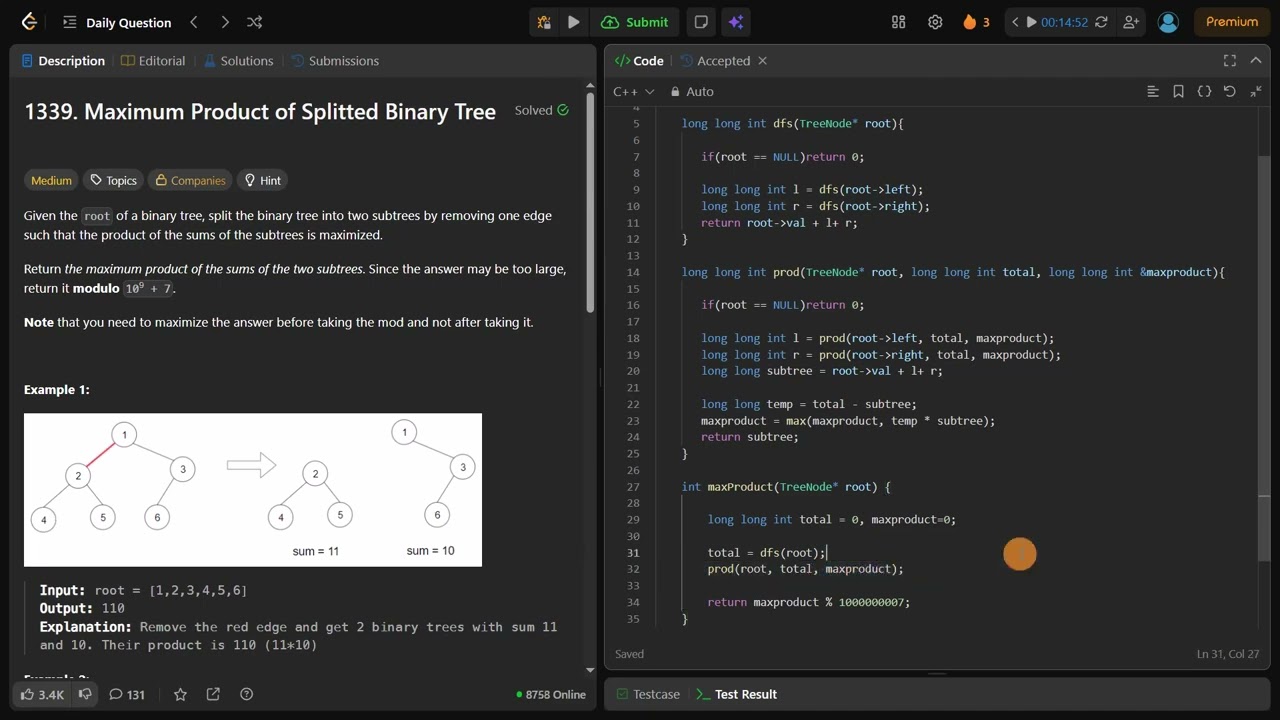 1339. Maximum Product of Splitted Binary Tree