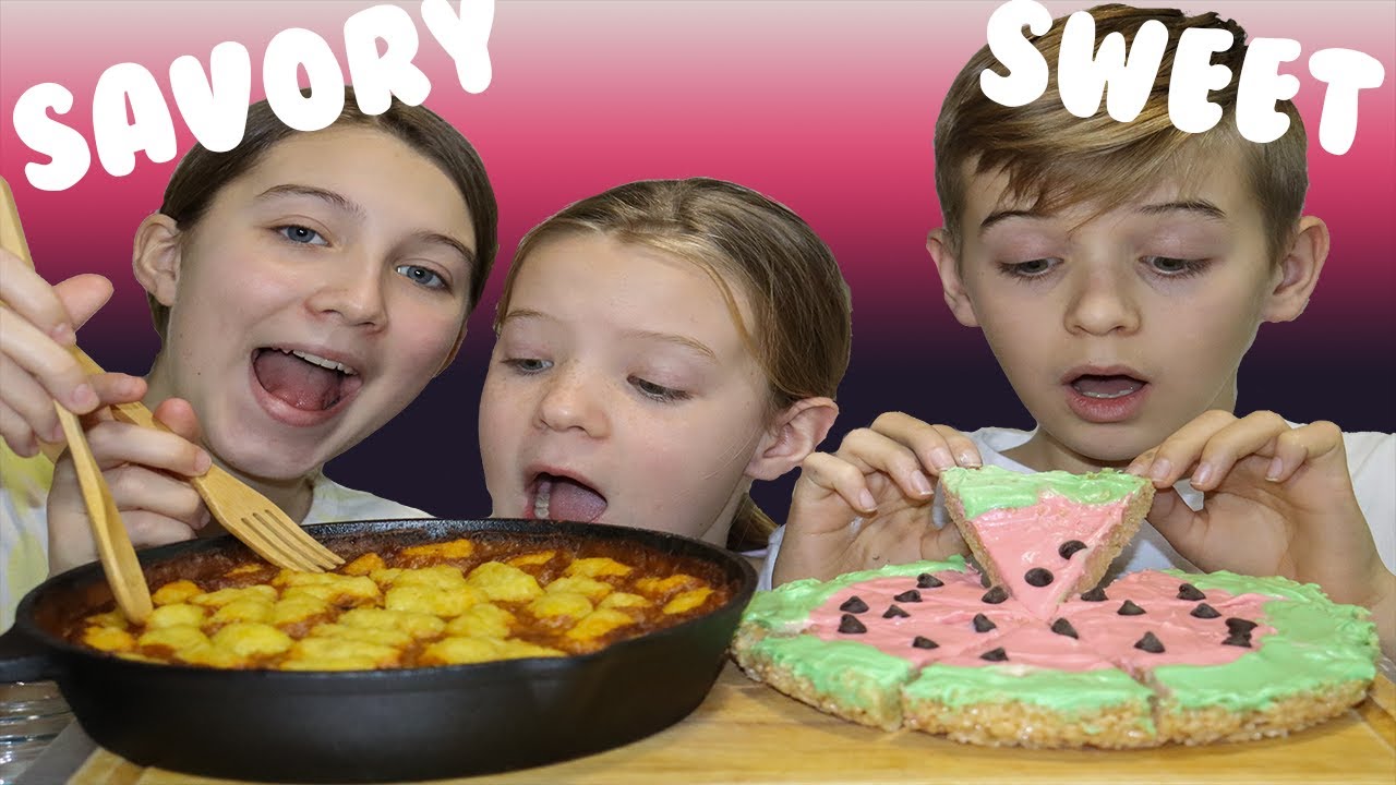 KIDS GENDER REACTION! EATING TASTY'S TATER TOT CASSEROLE & WATERMELON RICE KRISPY TREAT- MUKBANG