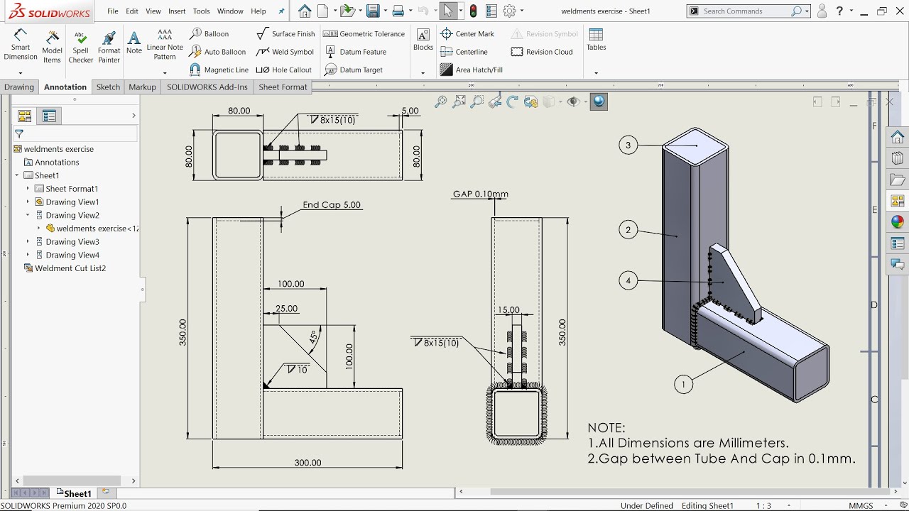 Учебное пособие по Solidworks Weldments, упражнение 147, символ сварного шва | Сварной шов