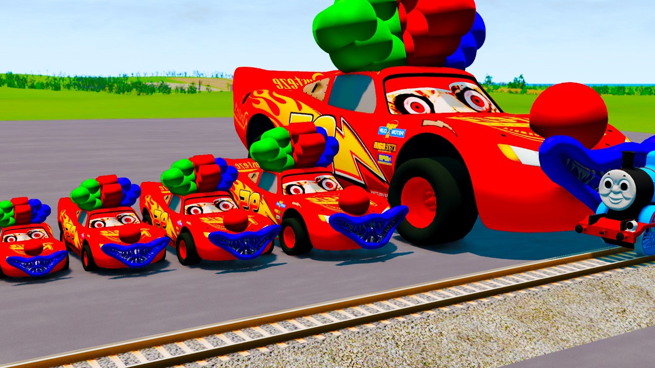 Big & Small McQueen with Monster Wheels VS Train | BeamNG.drive