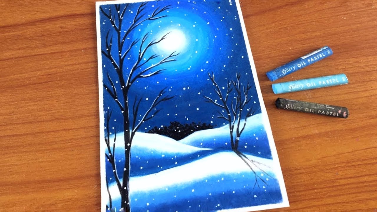 Winter Snowfall Scenery Drawing with Oil pastels for Beginners | Oil Pastel Drawing - Step by Step