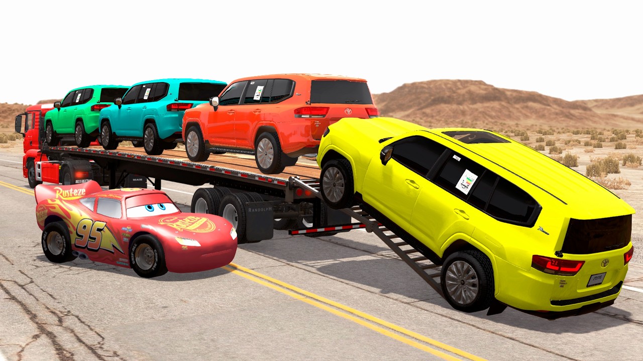 Flatbed Truck McQueen | Transportation with Big Truck - Pothole vs Car #12