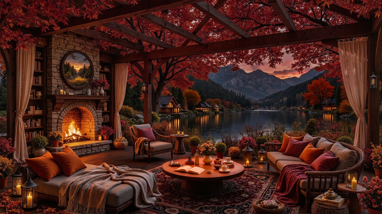 Warm Crackle Fireside in Autumn Lakeside Night Ambience | Ember Glow Jazz for Work, Read & Rest