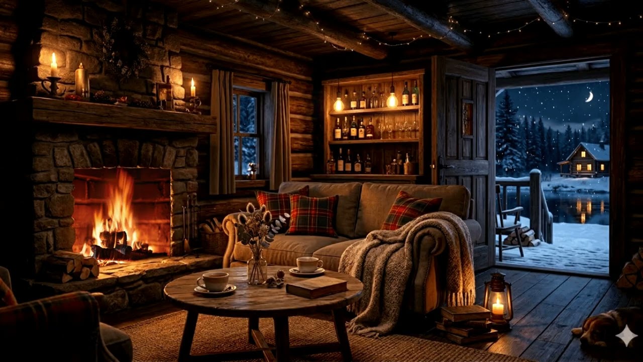Cozy Coffee Shop by the Frozen Lake – Calm Jazz & Fireplace Sounds
