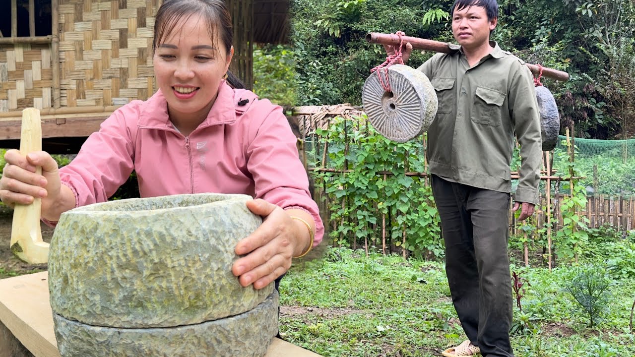 Xuan's ancient stone mill returns to the farm - Harvesting papaya flowers to sell