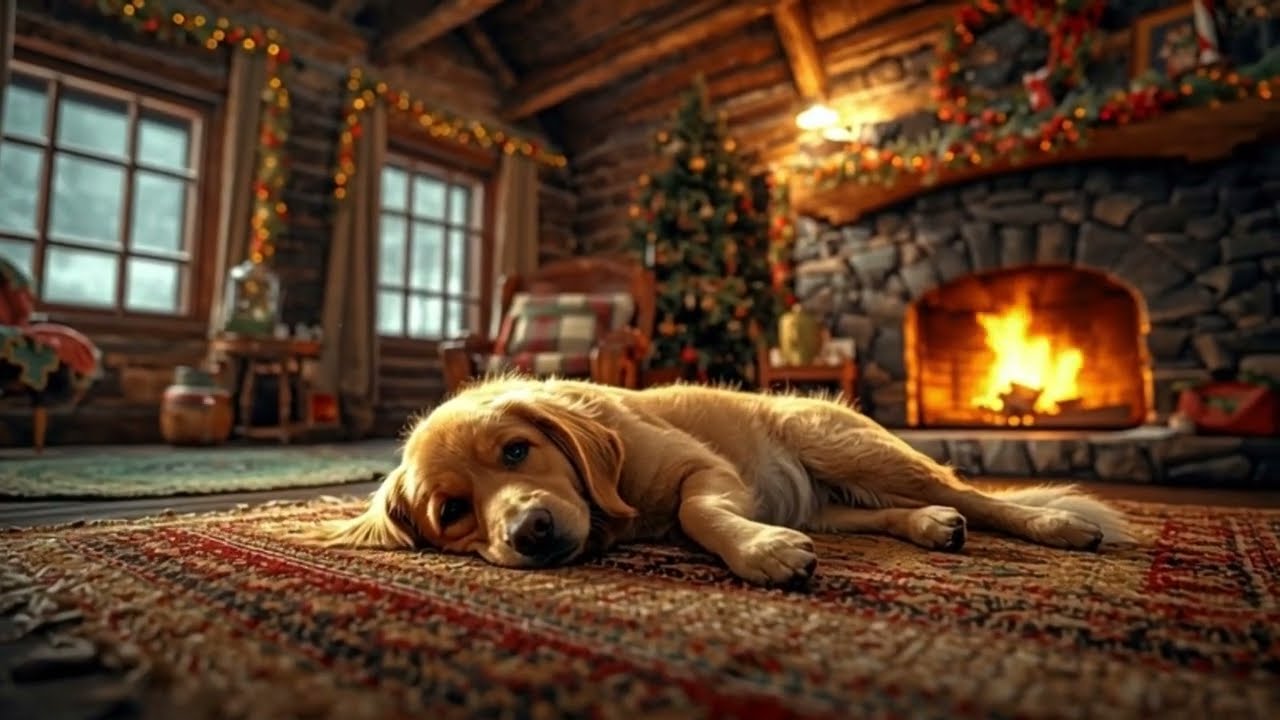 Sleeping Dog by the Fireplace | Cozy Christmas Cottage Ambience  | Snowstorm & Crackling Fire Sounds