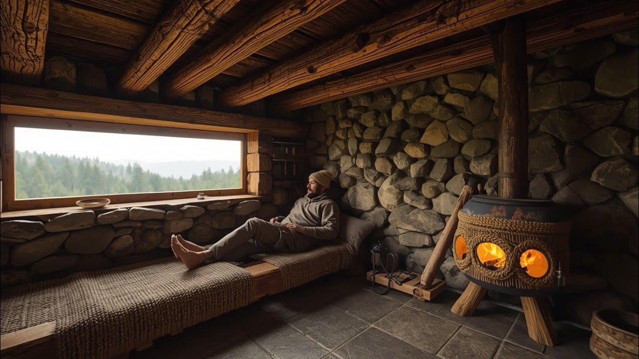 Primitive Bushcraft Shelter In The Rain Forest - Stone Roofed And Stone Wall
