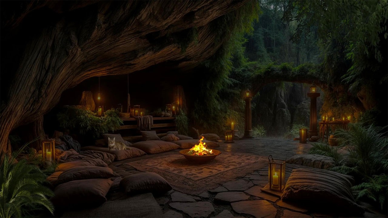(NO ADS ) Trapped in a Cozy Cave 😴| Heavy Thunderstorm⛈️ & Crackling Fireplace Sounds🔥