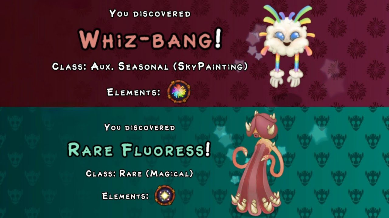 Whiz-bang and Rare Fluoress are on Light island - My Singing Monsters