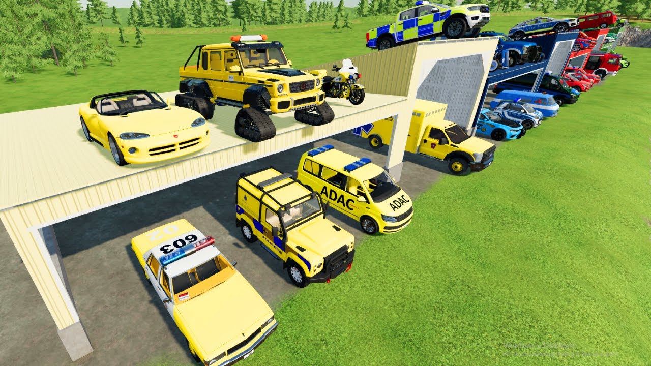 LOAD & TRANSPORT FIRE TRUCK, AMBULANCE, CARS, POLICE CARS, BUS, MOTORBIKE, JEEP Farming Simulator 22