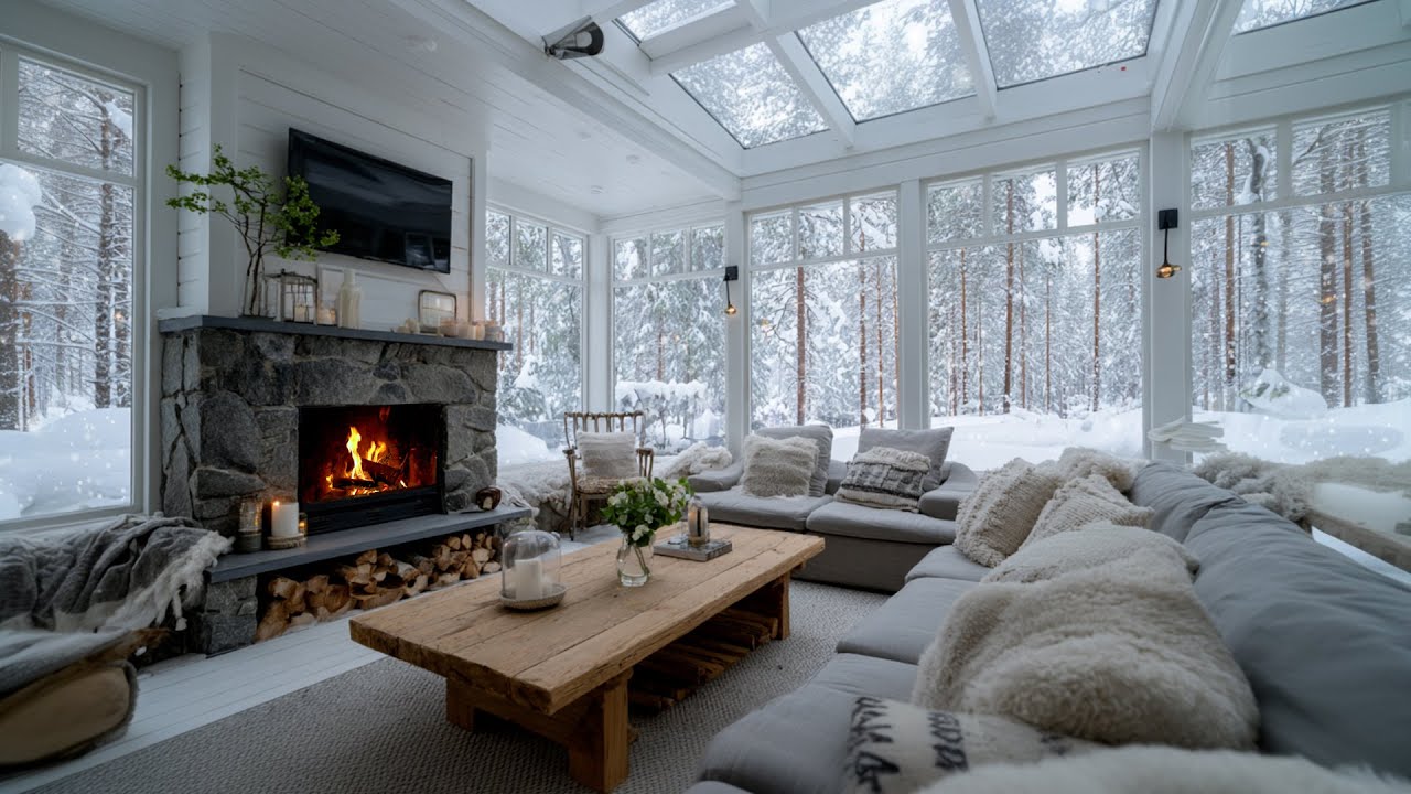 Cold Winter Day with Fireplace Sounds | Snowfall Ambience for Cozy Indoor Holiday Moments