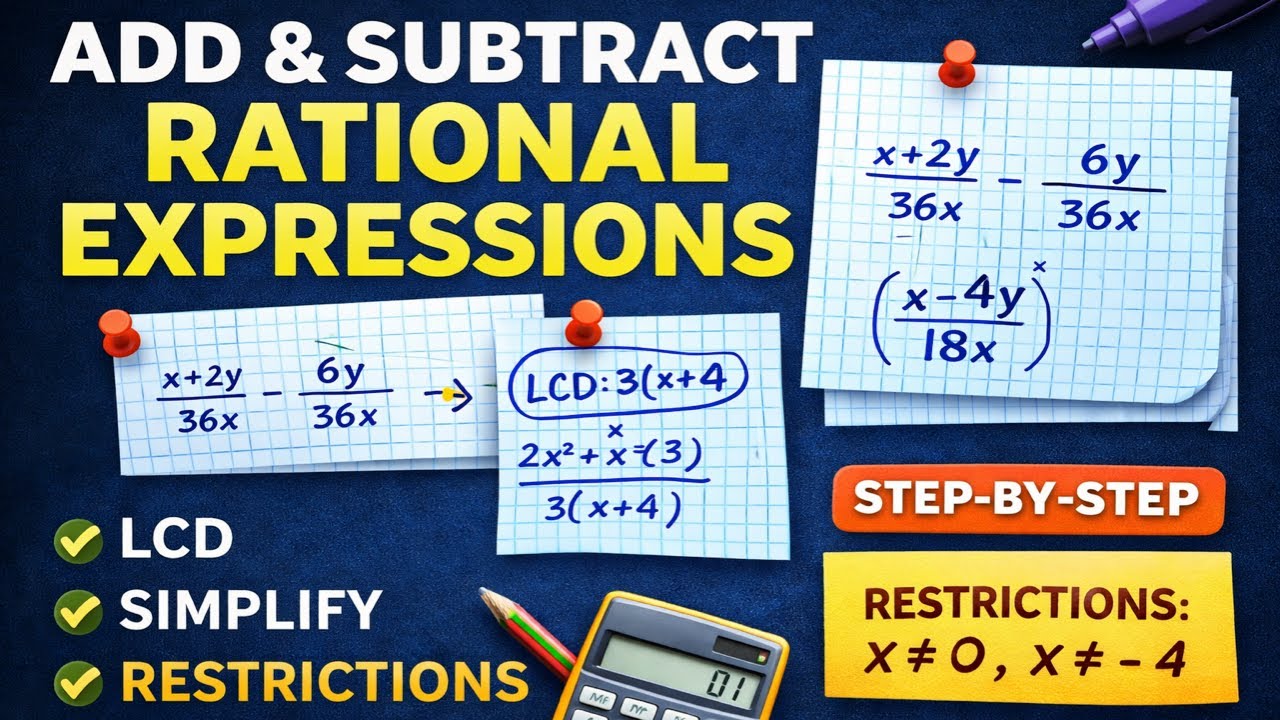 Add & Subtract Rational Expressions (Step-by-Step) | Restrictions Explained | Algebra Help
