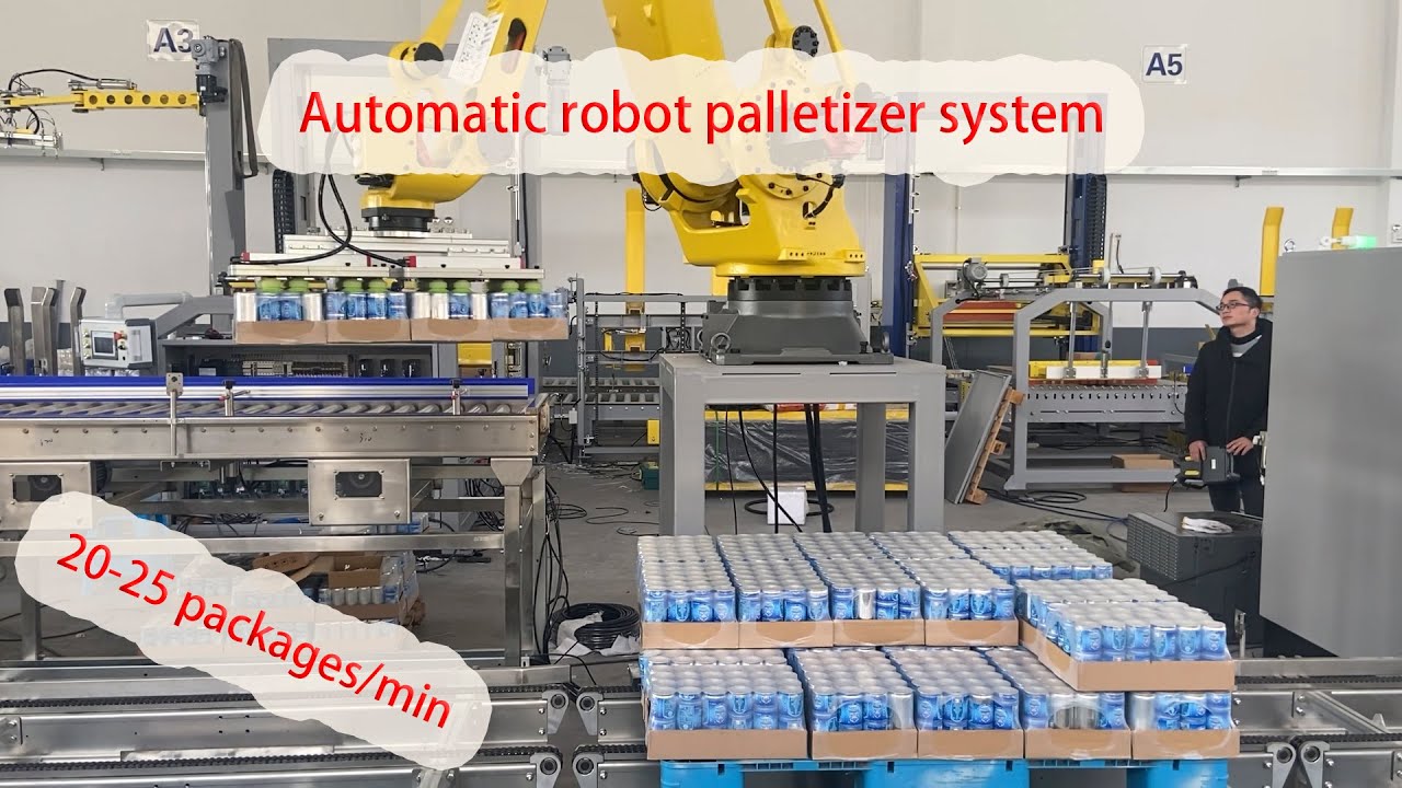 20-25 packages/min Automatic robot palletizer system for 30,000CPH csd canning line