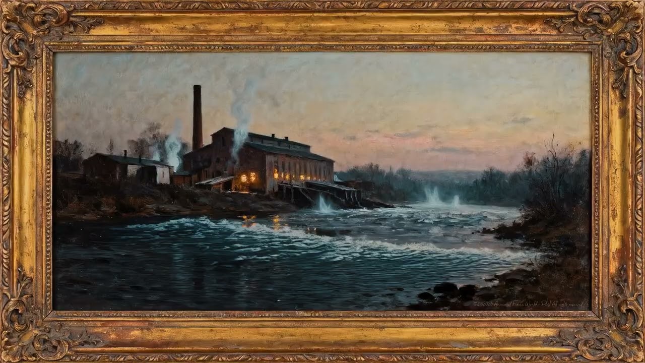 Frame TV Art Old Factory 3 Hour Animated River Landscape Painting at Dusk 2026 No Music