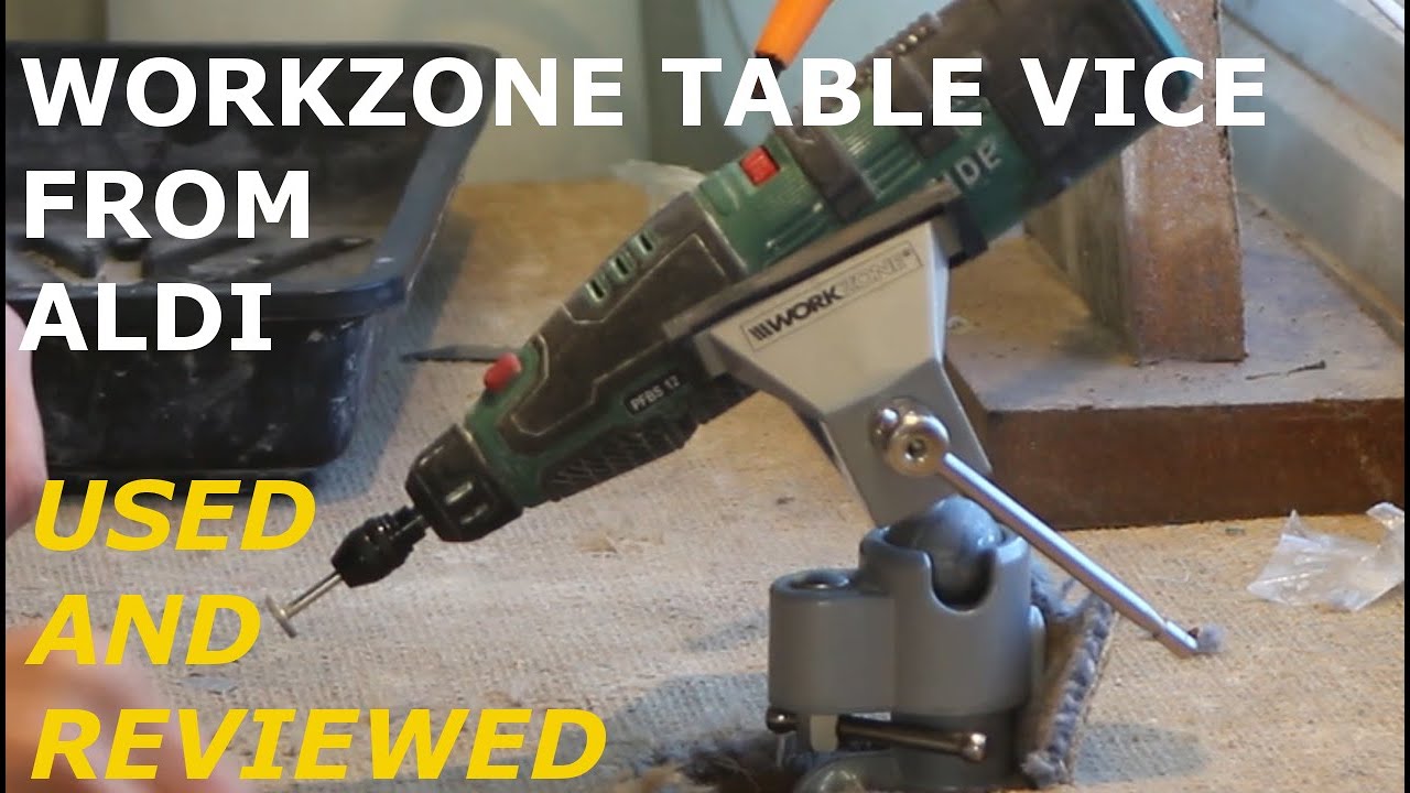 Workzone Table Vice from Aldi tools. In use with Parkside rotary tool.