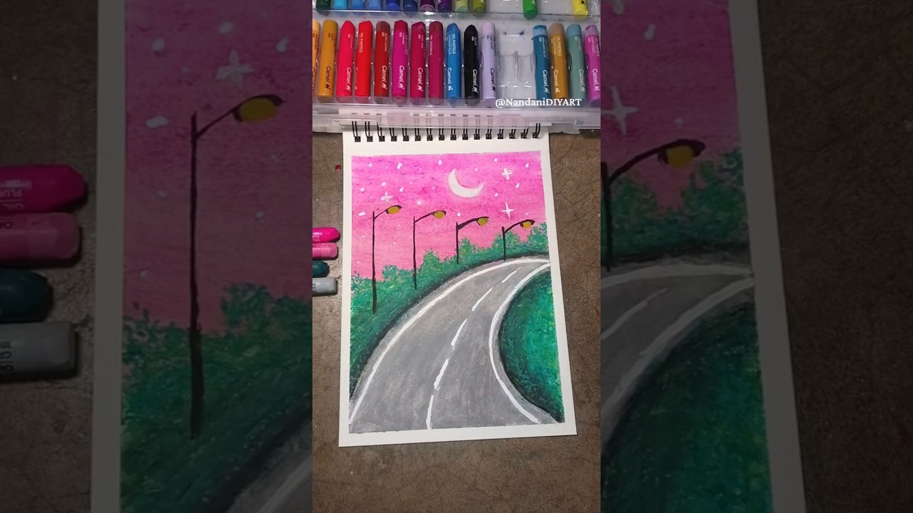 ✨🌙 Moonlight Street Scenery| Beautiful Night Road Drawing 🛣️ #art #shorts