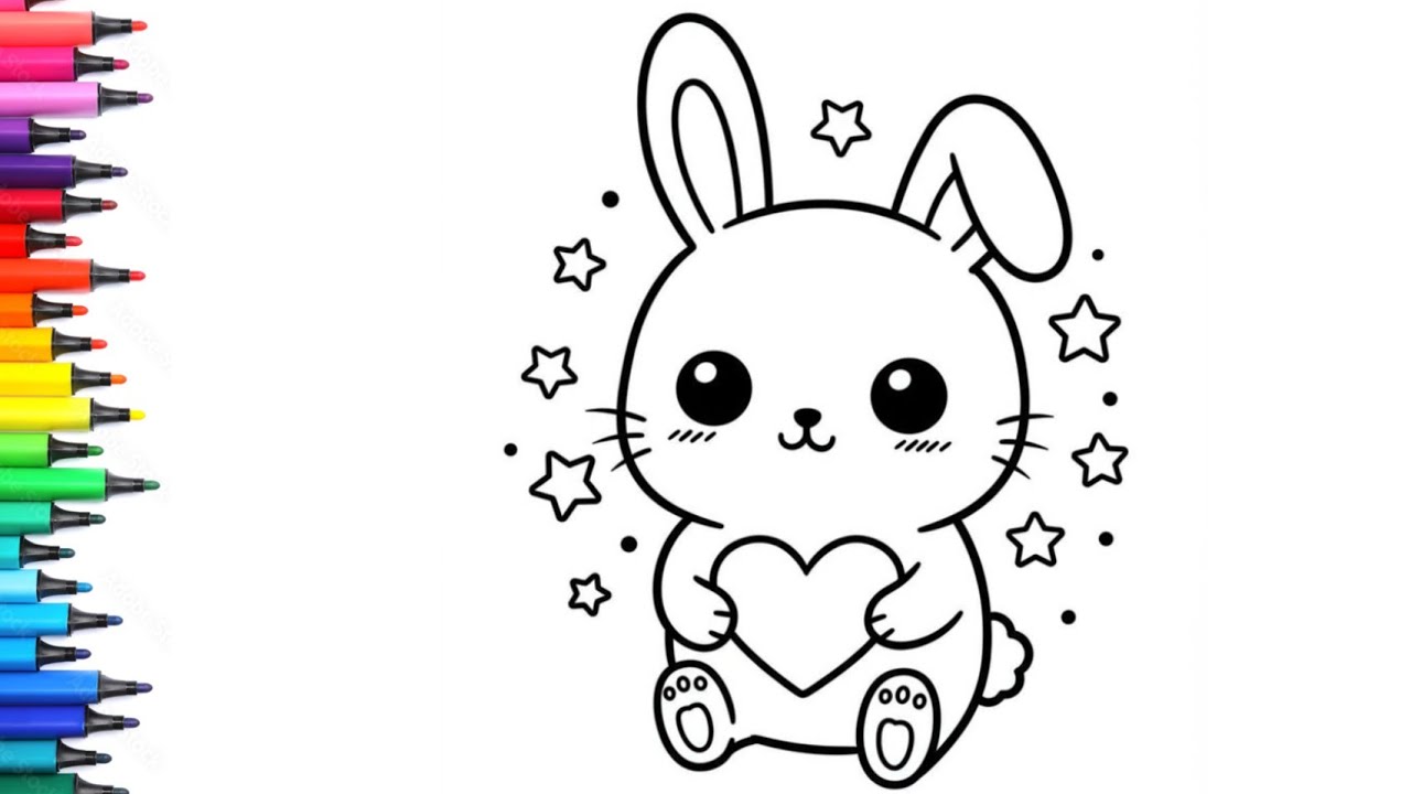 Cute Bunny Hold Heart Drawing, Painting & Colouring for Kids and Toddlers_ Child Art 