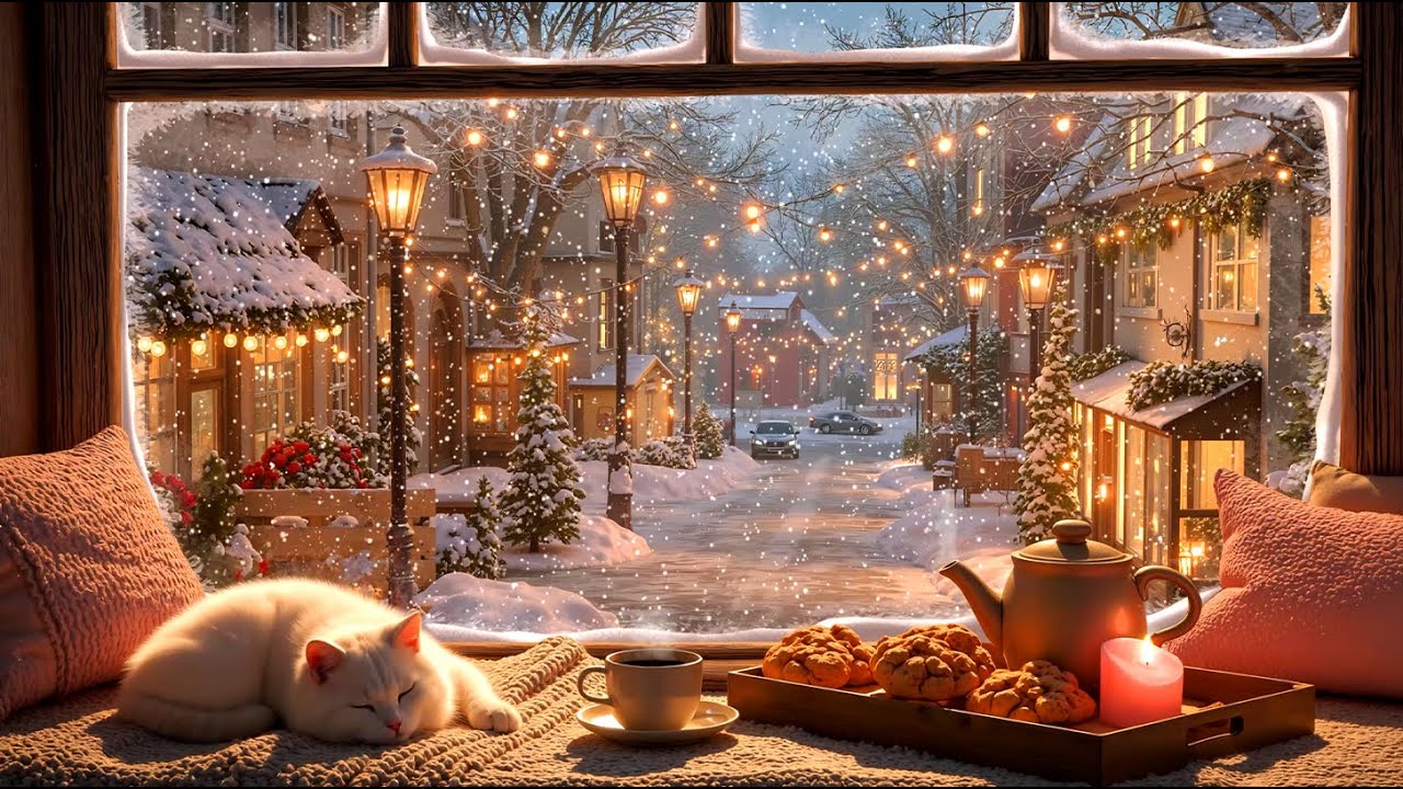 Cozy Winter Ambience ❄️ Crackling Fire & Cat’s Purring in a Snowy Village | Relaxation & Comfort