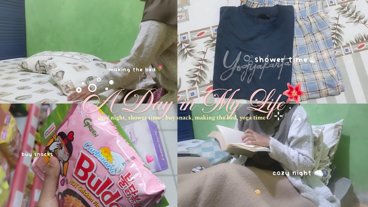 ⊹ ࣪ ˖A Day in My Life── .✦, cozy night࣪ ִֶָ☾., shower time🚿, grocery snack🧃, making the bed