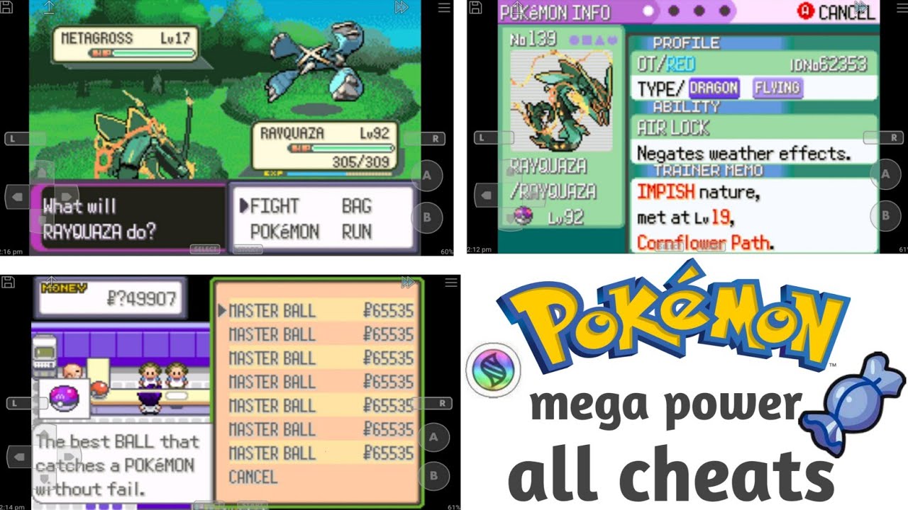 pokemon mega power cheat codes for rare candy, master ball, mega stone , walk through walls , etc |