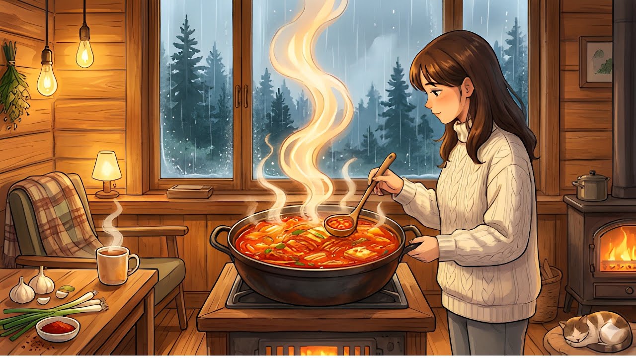 A rainy winter day in my Forest Cabin, Making Spicy Kimchi Stew. For myself I Ghibli Style ASMR 