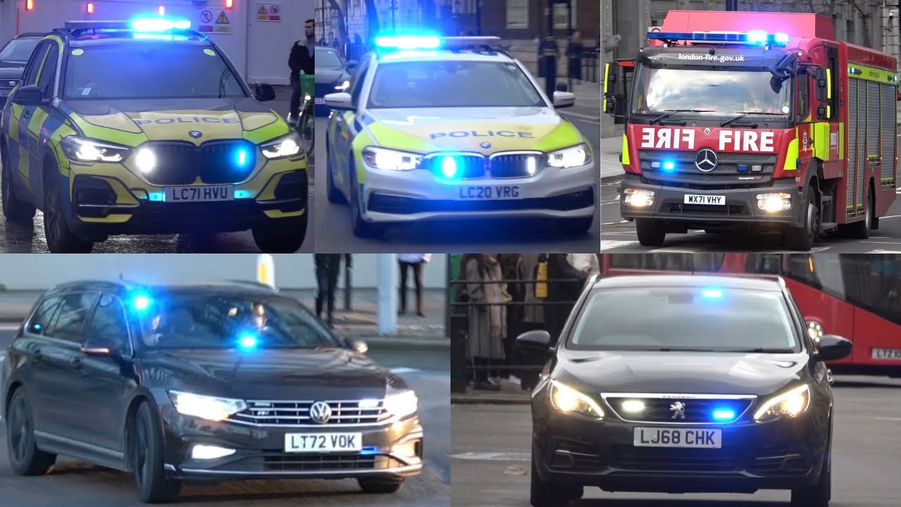 Fire Trucks, Police Cars & Ambulances RESPONDING In LONDON using lights & Sirens to Emergency calls