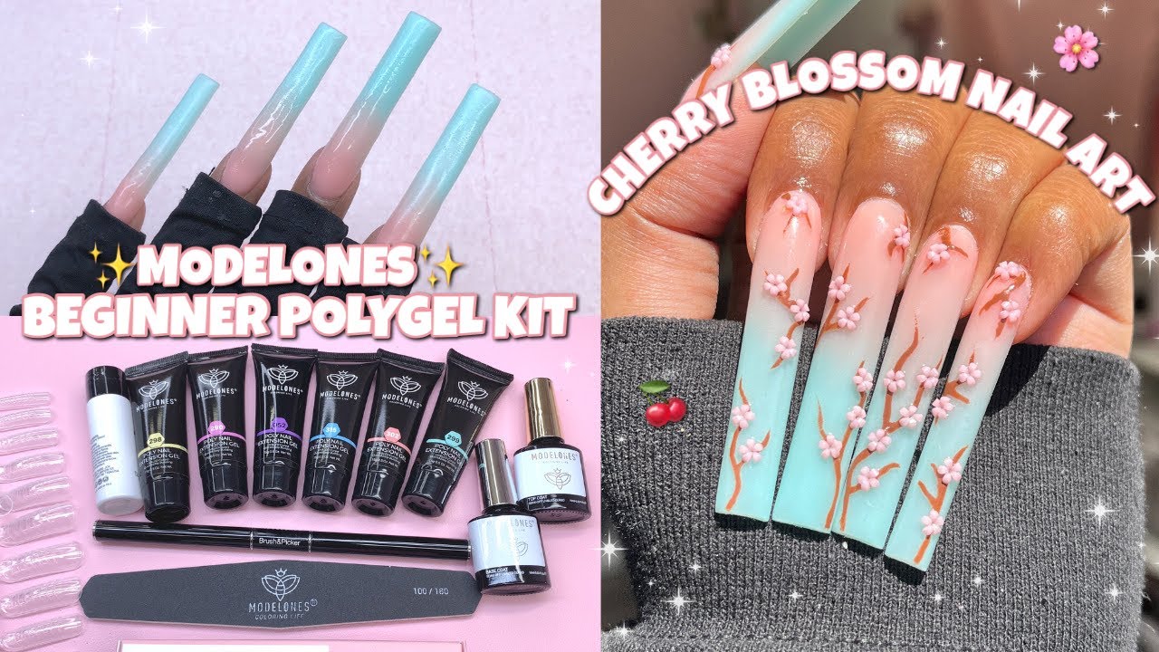 SPRING CHERRY BLOSSOM POLYGEL NAILS 🌸 MODELONES S/S COLLECTION | EASY SPRING NAIL ART