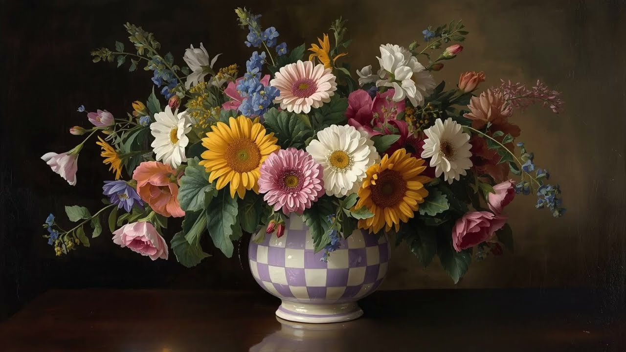 TV ART - SPRING - SPRING MIX FLOWERS IN PURPLE CHECKERED VASE - INCLUDING PIANO MUSIC - 4K