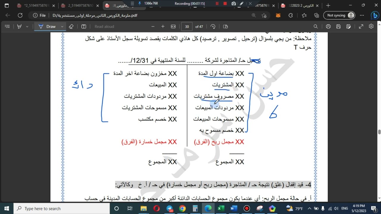 الحسابات الختامية - المتاجرة + الارباح والخسائر - مرحلة اولى