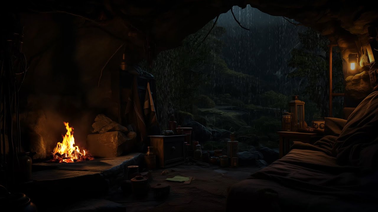 Cave Shelter Ambience | Rainfall & Crackling Fire Sounds to Stress Relief and Beat Insomnia