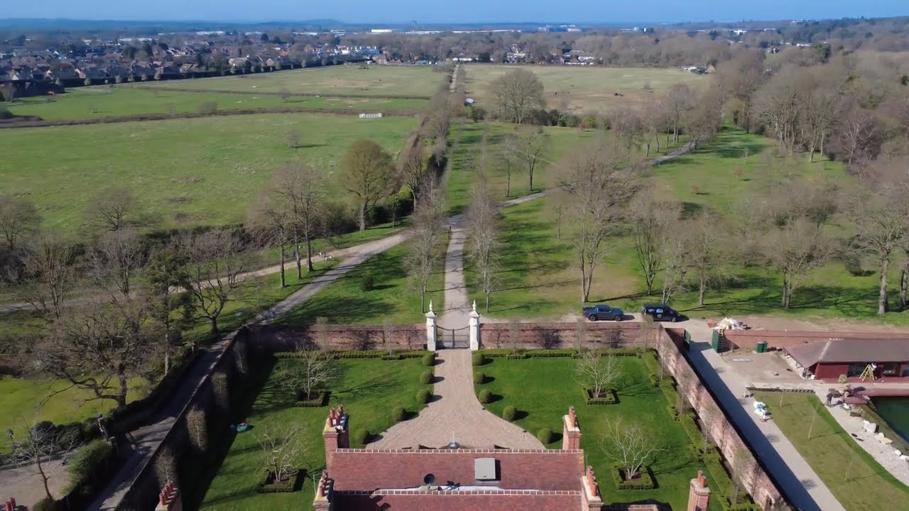 Foxwarren Park. Byfleet Manor. Grade II listed buildings. DRONE 4K