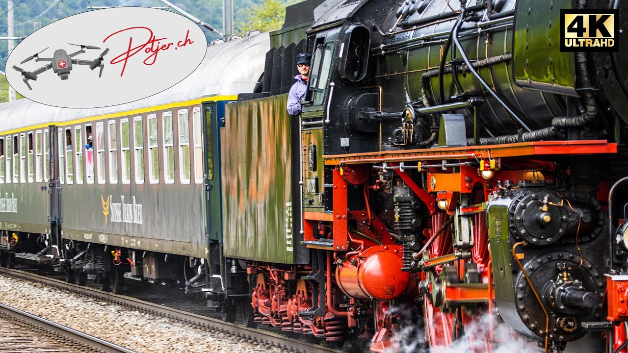 Steam locomotive Pacific BR01 202 train in 4k by drone & closeups near Biel and Lyss Switzerland