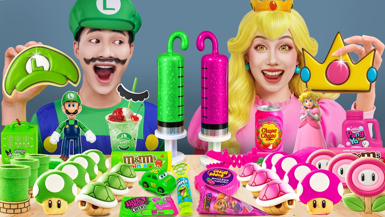 Desafío de Comida Verde VS Comida Rosa | ASMR Mukbang Mario y la Princesa