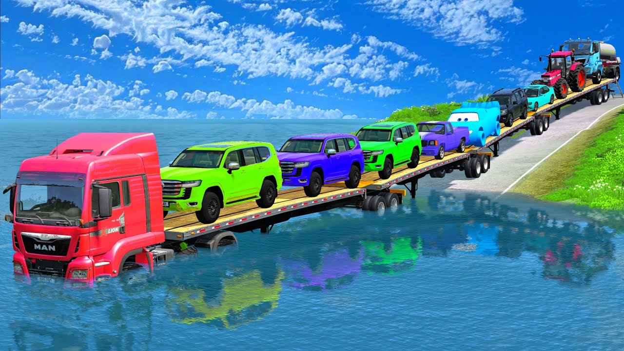Flatbed Truck McQueen | Transportation with Truck - Pothole vs Car #81 BeamNG.Drive Gameplay