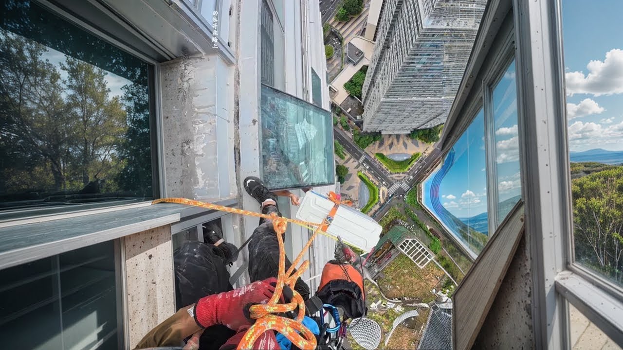 Installing AC outdoor unit on 38th floor glass curtain wall. Who's right? #Dangerous #