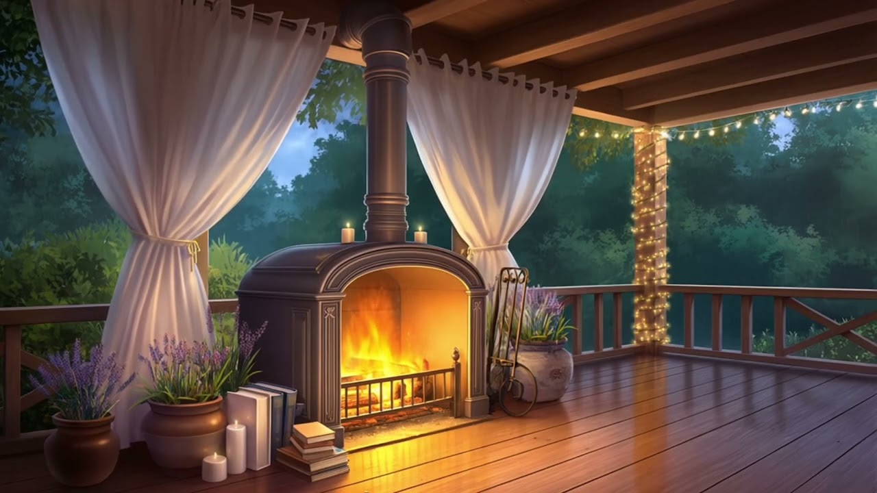 Cozy Fireplace Porch Ambience | Relaxing Night Sounds, Soft Glow & Peaceful Forest Escape