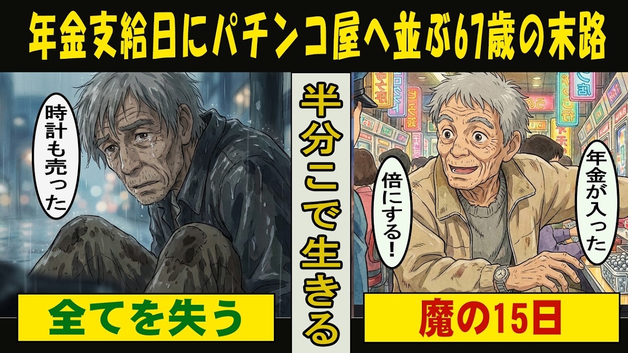 【漫画】年金支給日にパチンコ屋へ並ぶ67歳の末路…娘の形見の時計を7000円で売り